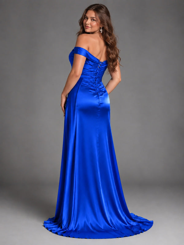 Off Shoulder Satin Maxi Dress with Slit