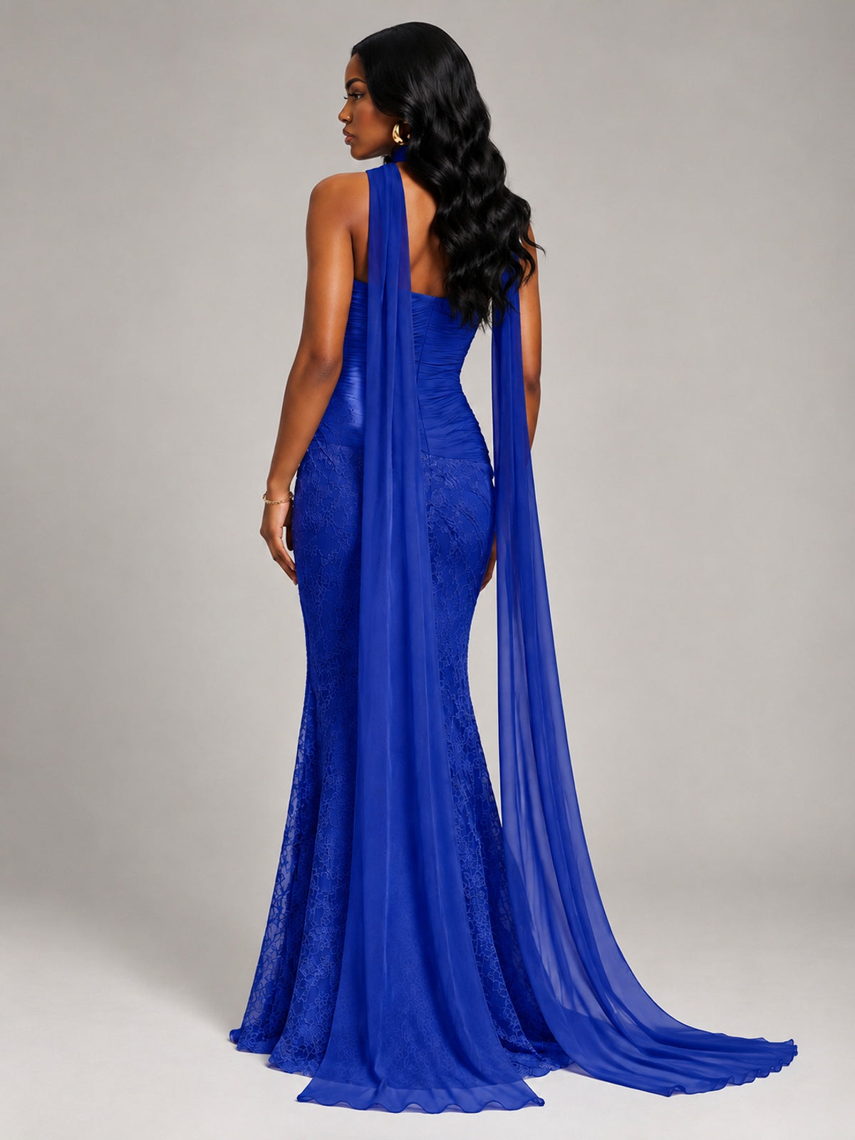 Pleated Chiffon Lace Prom Dresses Long Bodycon Mermaid with Scarf