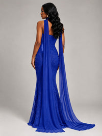 Pleated Chiffon Lace Prom Dresses Long Bodycon Mermaid with Scarf