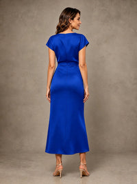 Cowl Neck Satin Mother of the Bride Dress with Ruched Waist