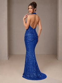 Gold Halter Sequin Mermaid Ruched Prom Dress Long Ruched Evening Gown