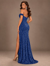Off the Shoulder Corset Sequin Mermaid Prom Dress with Slit
