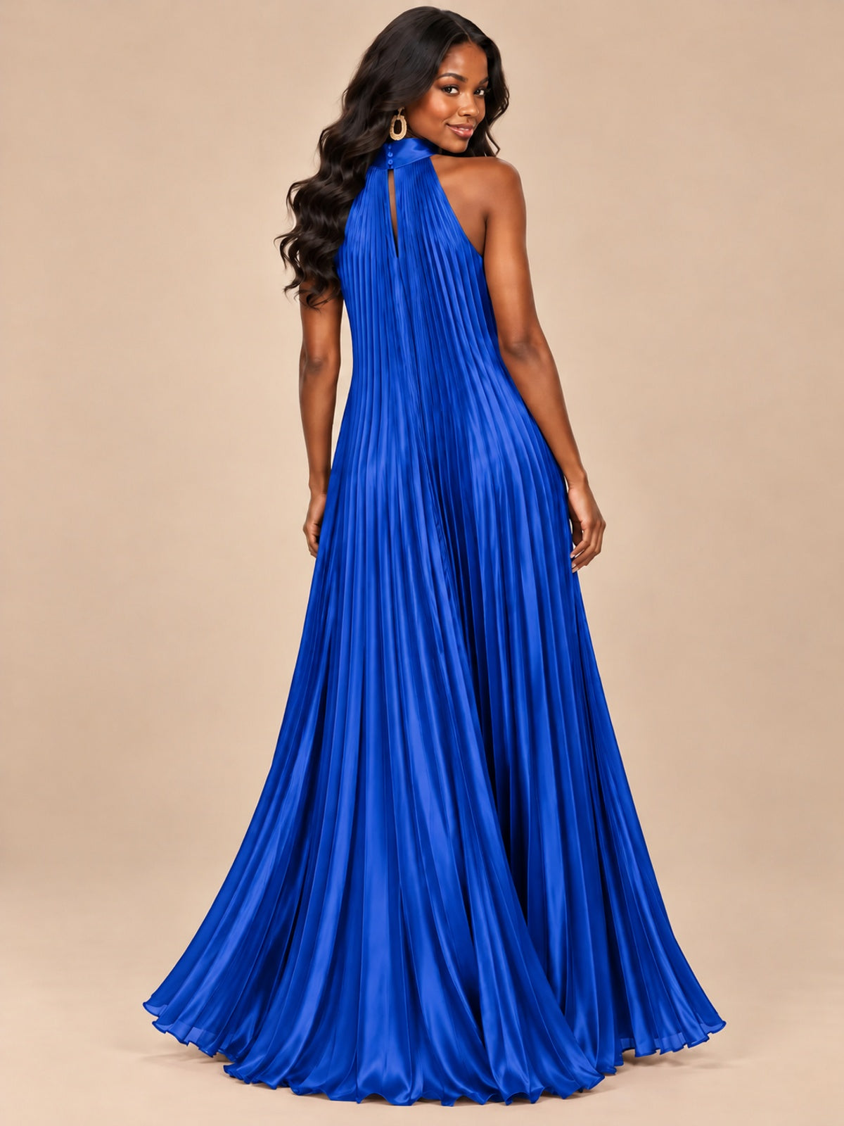 Rust Orange Pleated Halter Neck Maxi Dress