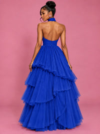 Hot Pink Tulle Halter Neck Tiered Ruffle Maxi Dress