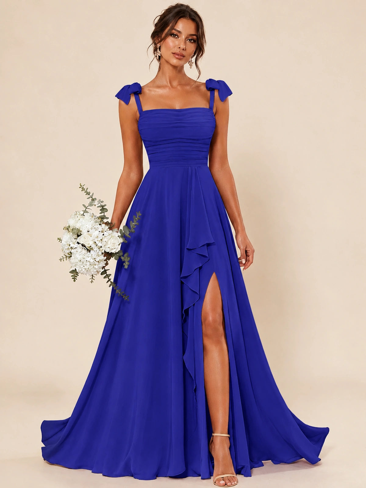 Ruffle Slit Chiffon A Line Scoop Neck Bridesmaid Dresses with Pockets