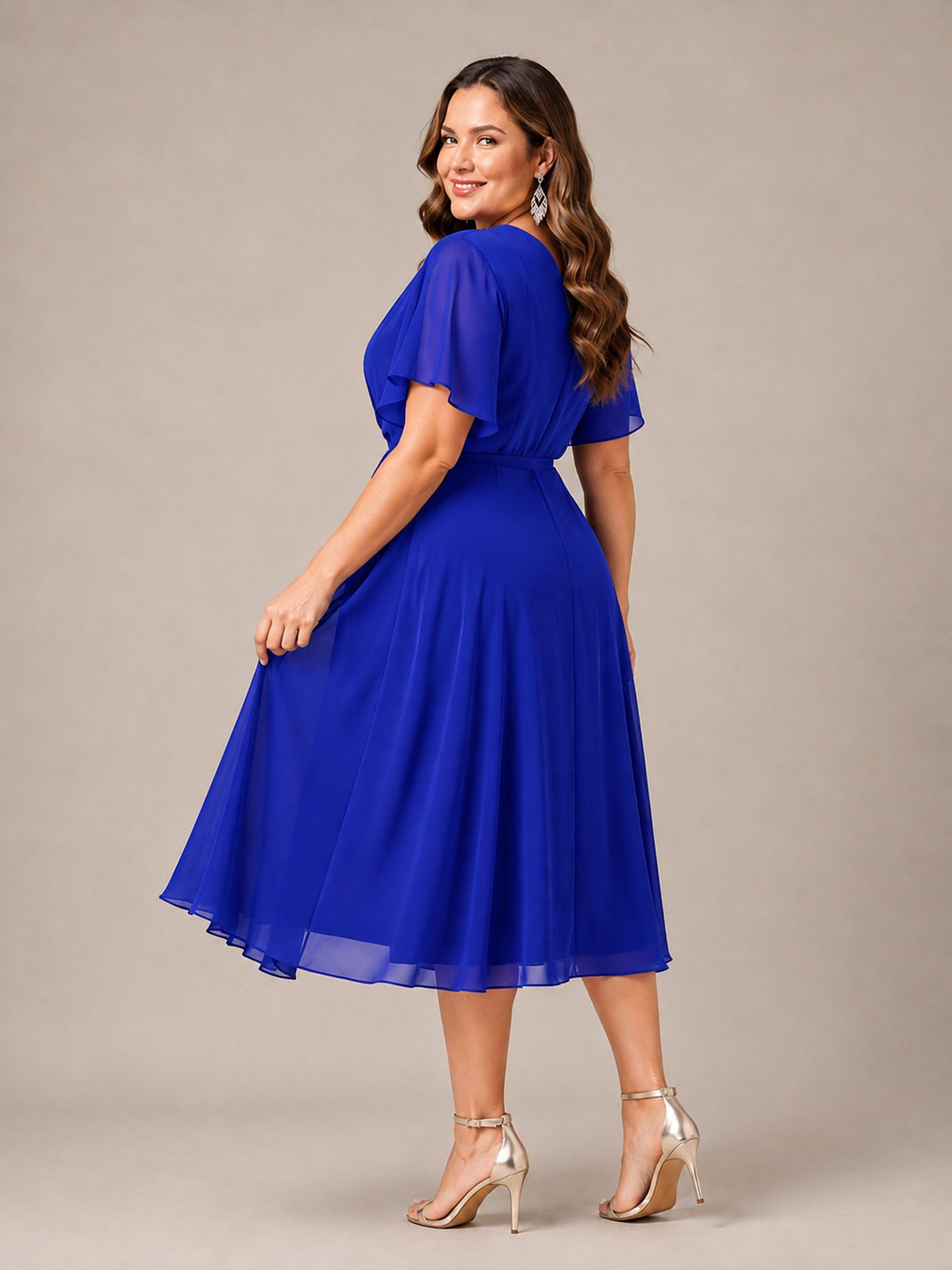 Navy Blue A-Line V-Neck Tea-Length Mother of the Bride Dress