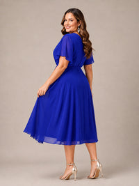 Navy Blue A-Line V-Neck Tea-Length Mother of the Bride Dress