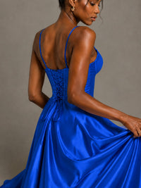 Lavender V Neck Satin Prom Dress with Spaghetti Straps