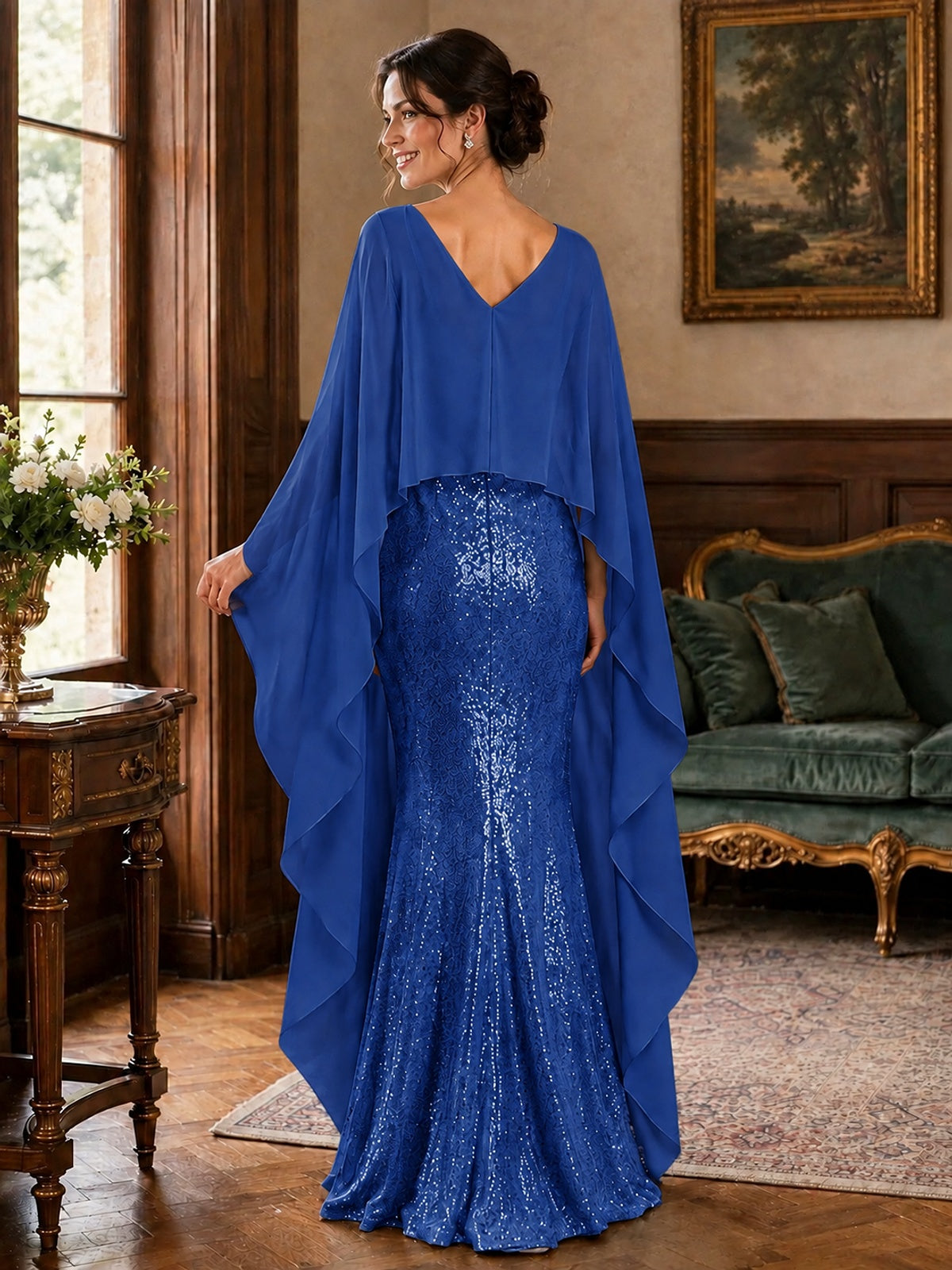 Sequin 2 Pieces Mother of the Bride Dress with Cap Sleeves Chiffon Formal Gowns