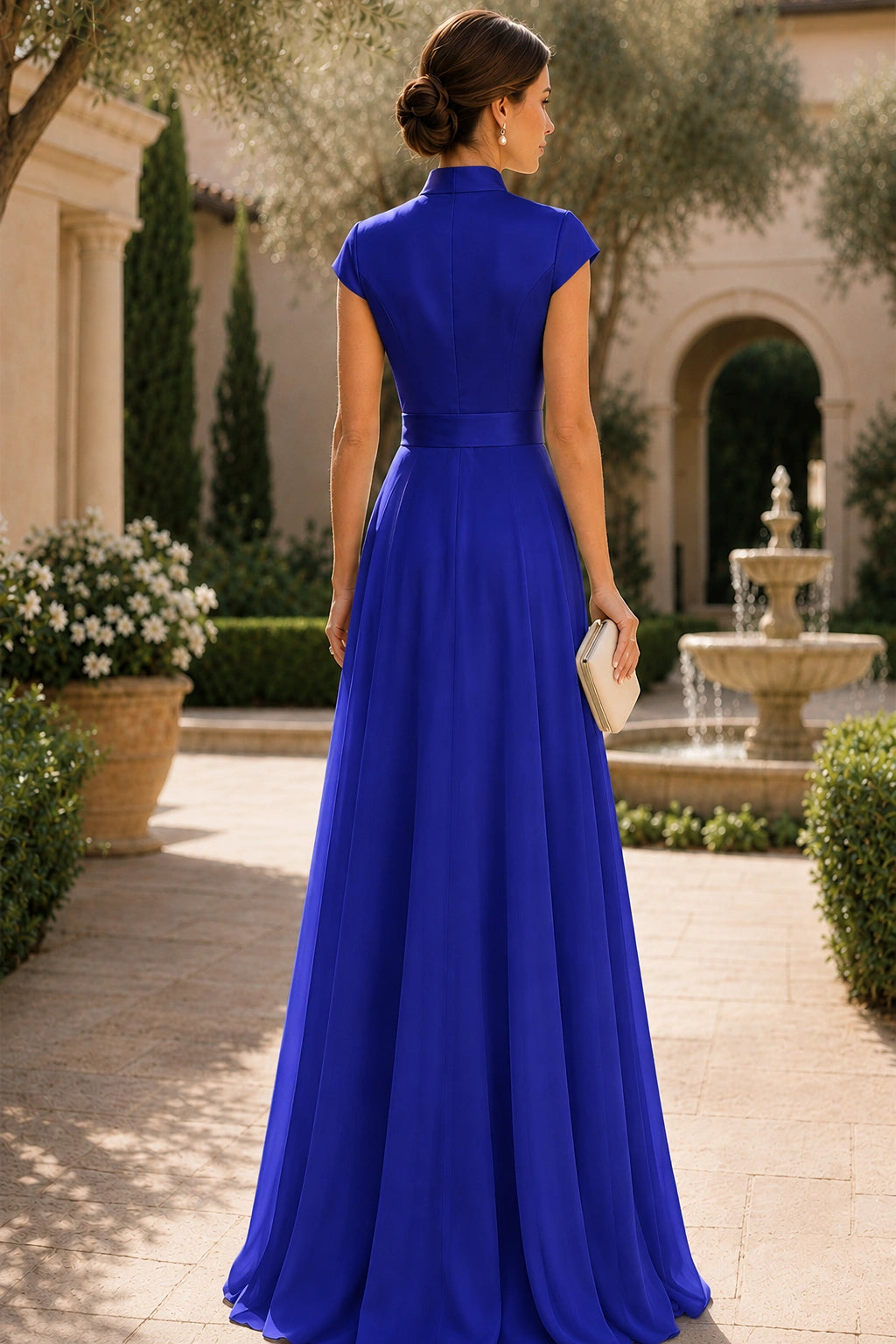 V Neck Cap Sleeve A-Line Floor-Length Satin Bridesmaid Dress