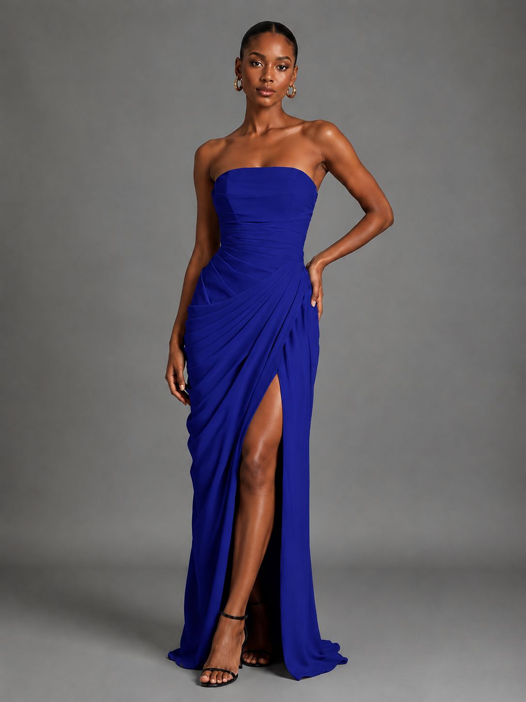 Strapless Bodycon Pleated Chiffon Formal Dress with Slit