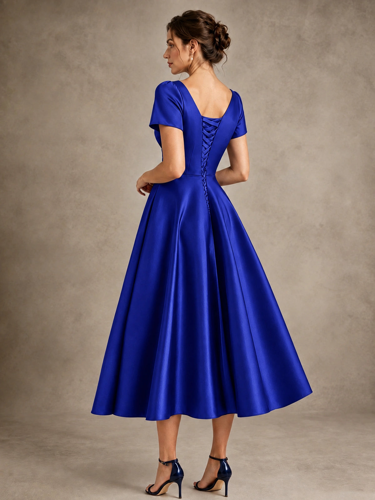 V-Neck Tea-Length Satin Mother of the Bride Dress with Bow