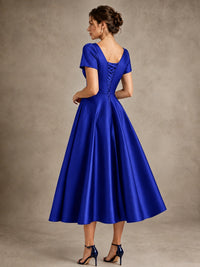 V-Neck Tea-Length Satin Mother of the Bride Dress with Bow