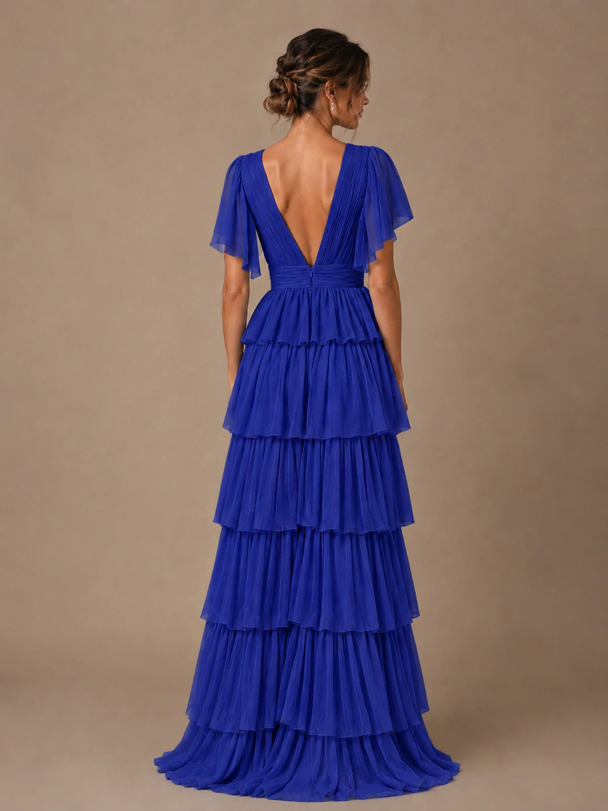 Chiffon V-Neck Tiered Ruffle Bridesmaid Dress with Slit