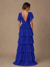 Chiffon V-Neck Tiered Ruffle Bridesmaid Dress with Slit