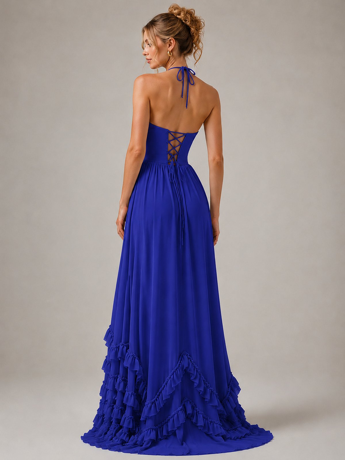 Halter V Neck Chiffon Formal Dress with Lace-Up Back and Ruffle Hem