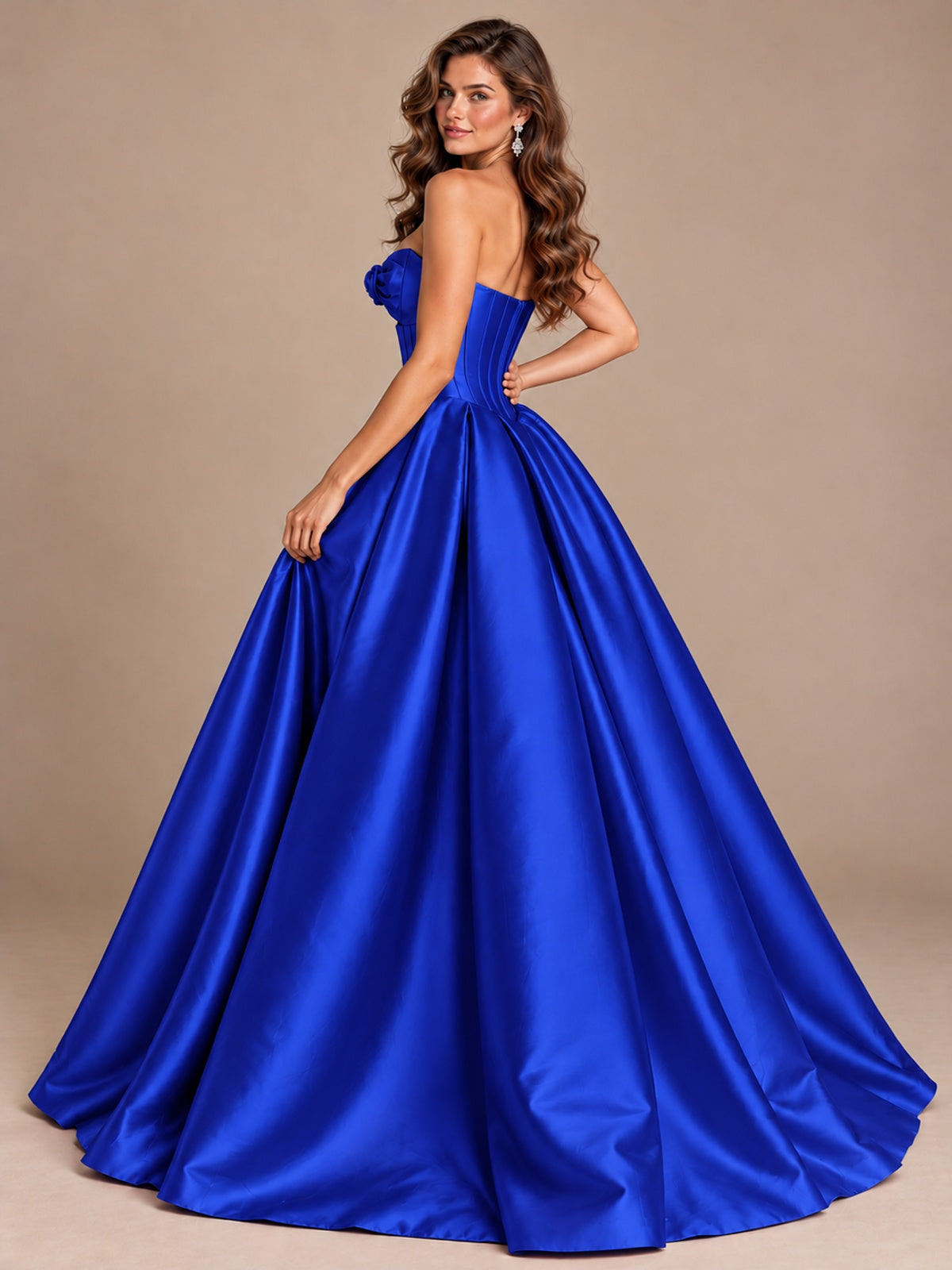 Pink Strapless Corset Satin Prom Derss & Ball Gown with 3D Floral