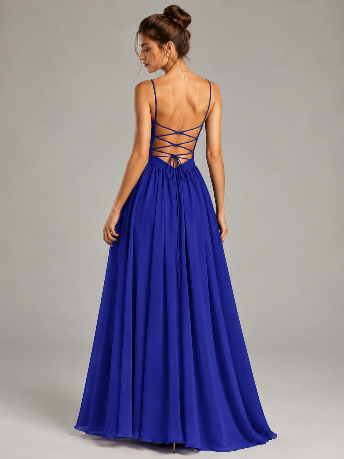 Spaghetti Strap Ruched Chiffon Maxi Dress with Backless