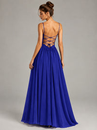 Spaghetti Strap Ruched Chiffon Maxi Dress with Backless