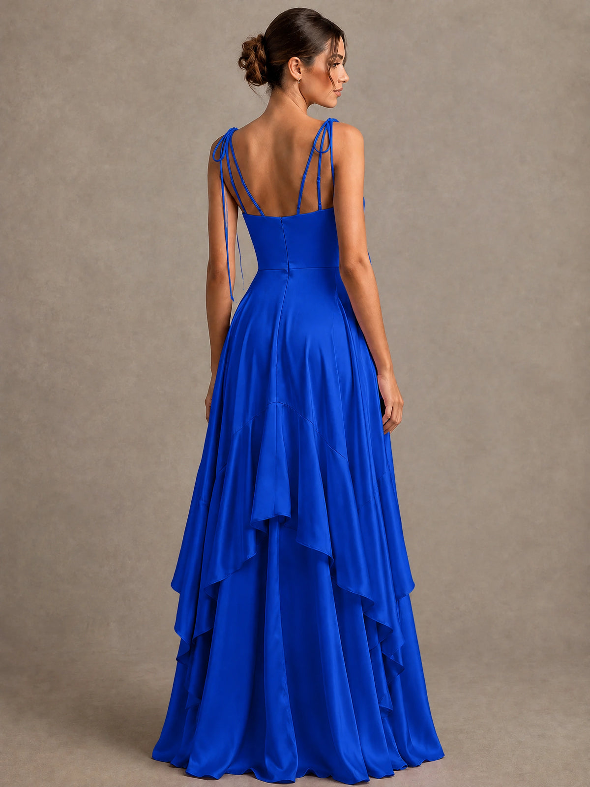 Lavender Satin V-Neck Ruffle Maxi Dress