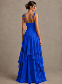 Lavender Satin V-Neck Ruffle Maxi Dress