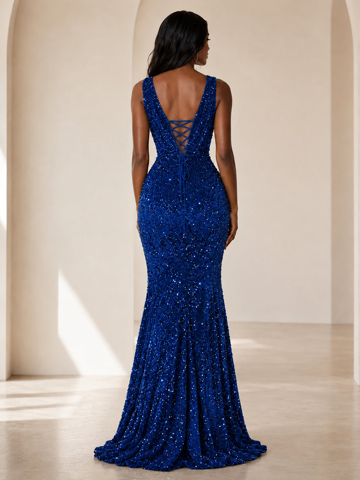 Sequin Mermaid Prom Dress with V-Neck and Ruched Waist