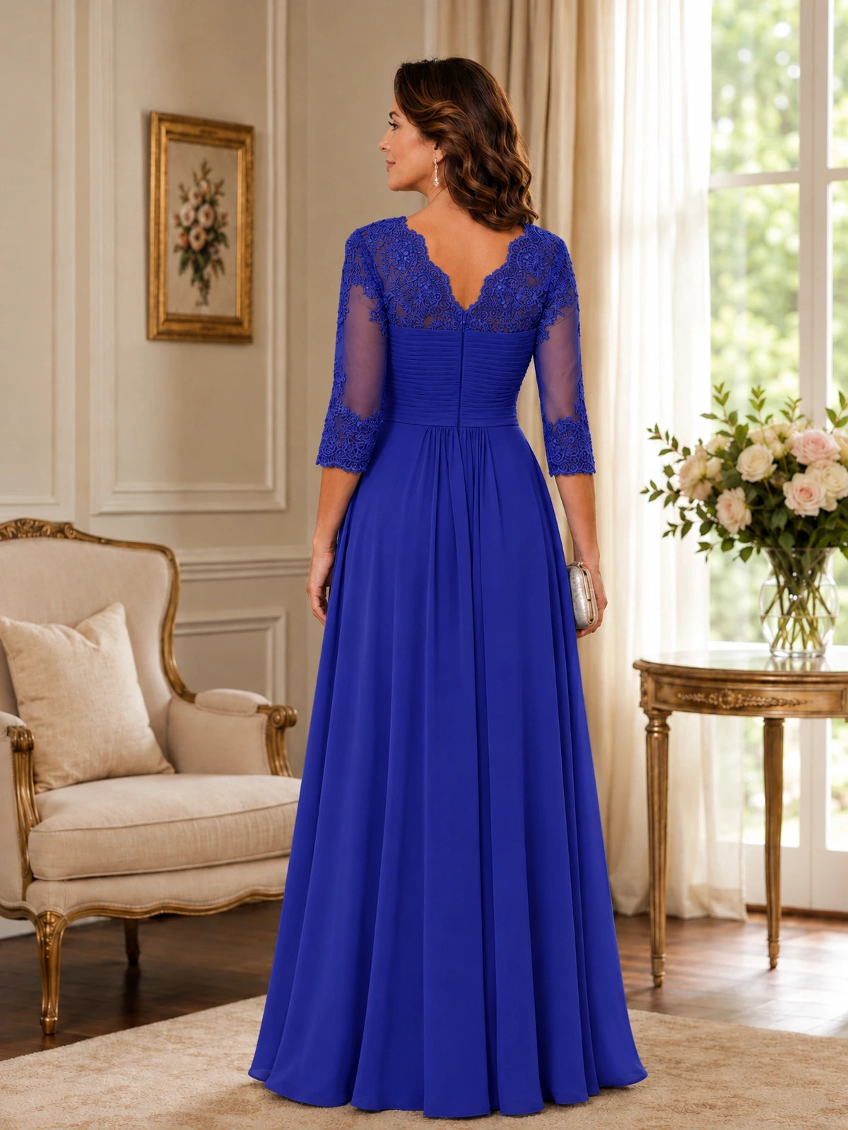 Chiffon Lace Applique Mother of the Bride Dress with 3/4 Sleeves