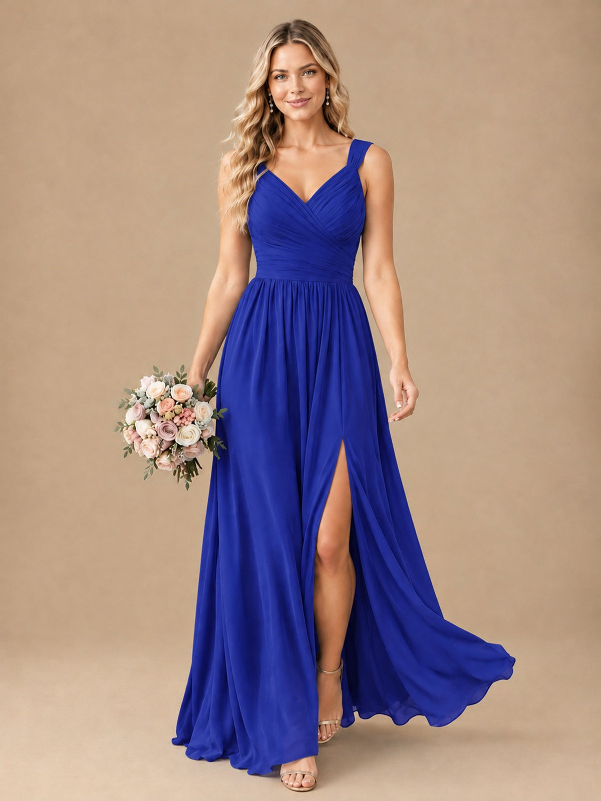 Pleated Chiffon V Neck Wedding Bridesmaid Dresses Floor Length with Slit