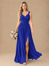 Pleated Chiffon V Neck Wedding Bridesmaid Dresses Floor Length with Slit