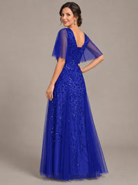 V-Neck Sequin Tulle Mother of the Bride Dress with Flutter Sleeve