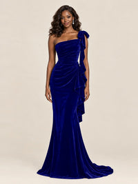 Black Velvet One-Shoulder Mermaid Evening Gown with Bow & Ruffles