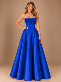 Blush Pink Strapless Satin A-Line Prom Dress with Ruched Bodice