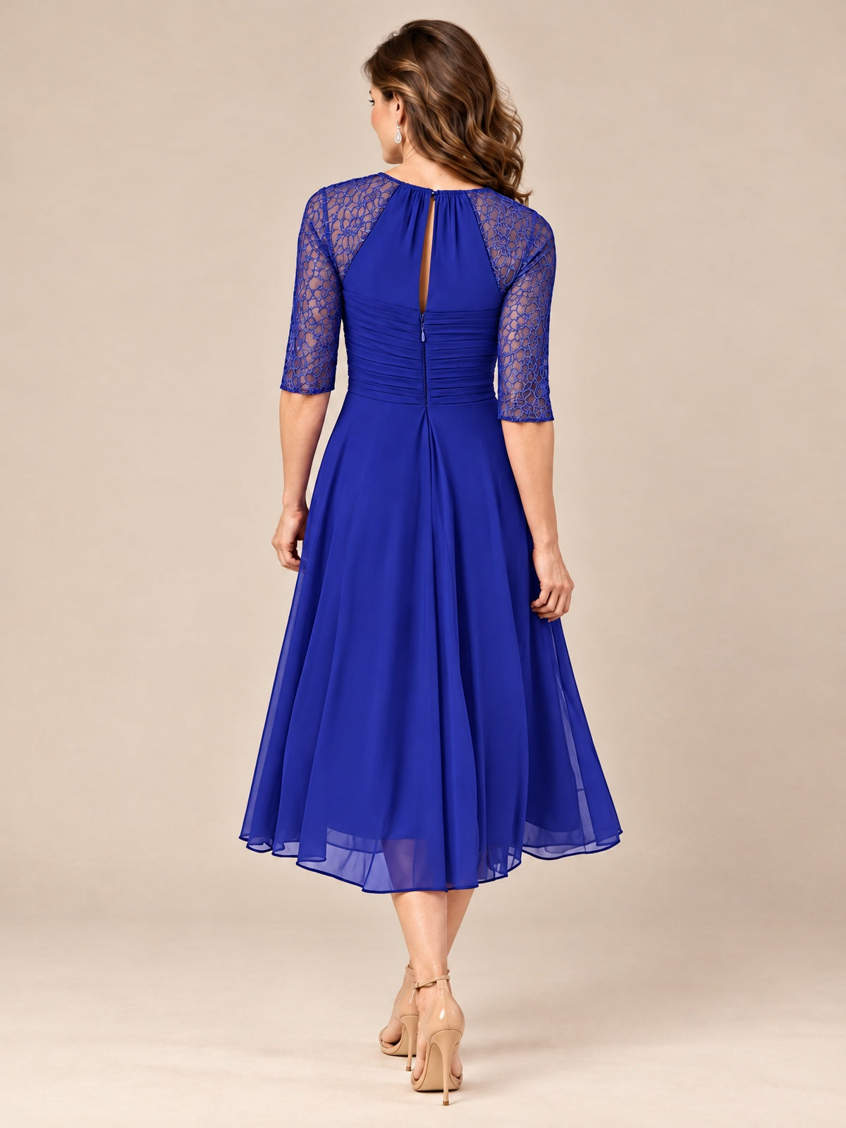 Tea-Length Mother of the Bride Dress with Lace 3/4 Sleeves