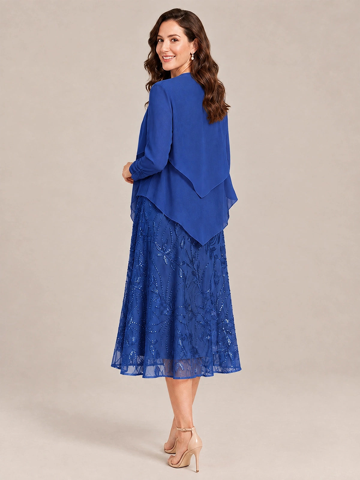 Tea Length Sequin Lace Mother of the Bride Dress with Chiffon Jacket