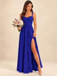 Spaghetti Straps Pleated Chiffon Bridesmaid Dress with Ruffle Slit