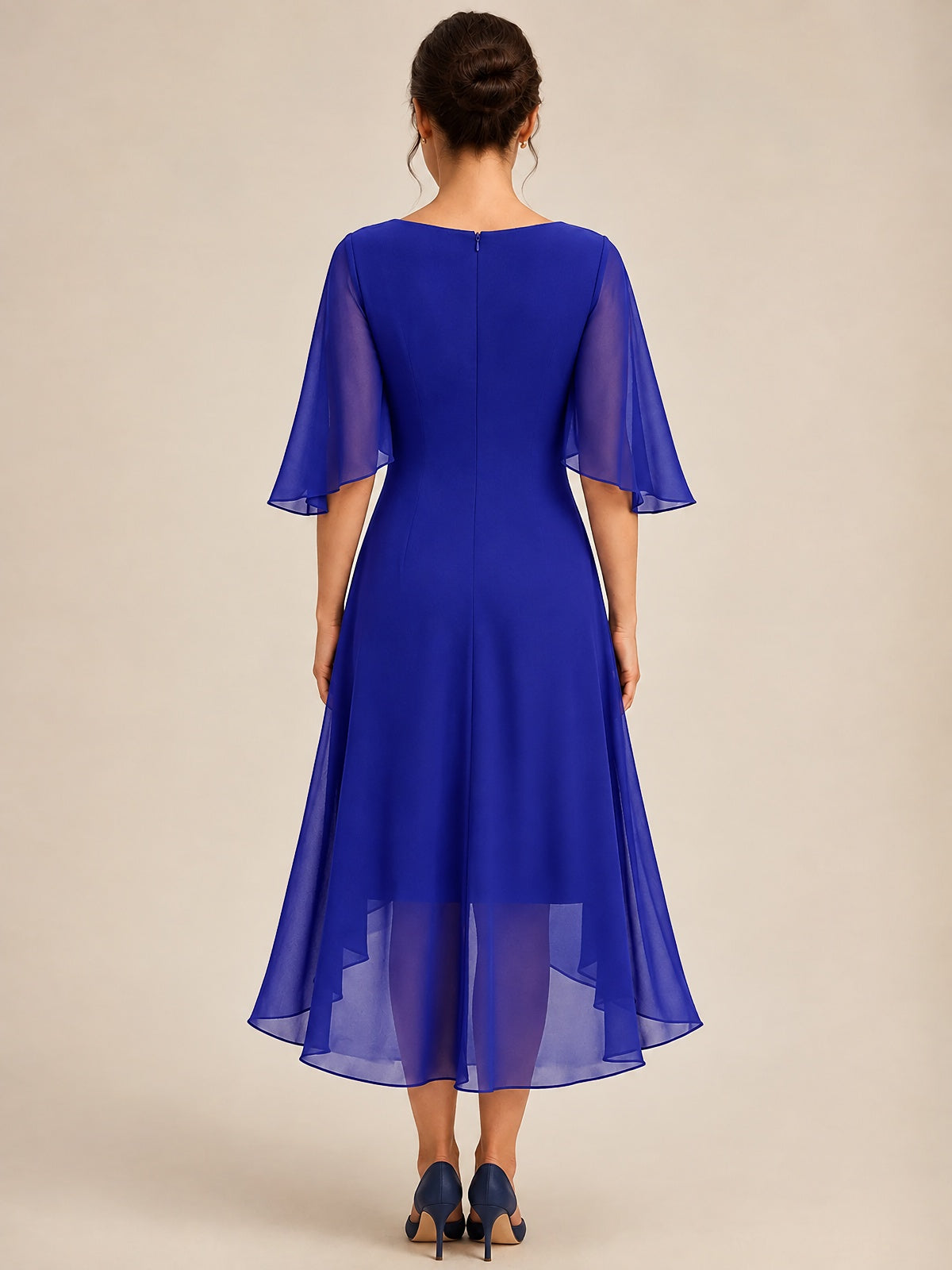Cowl Neck Ruched Chiffon Mother of the Bride Dresses with Flutter Sleeves
