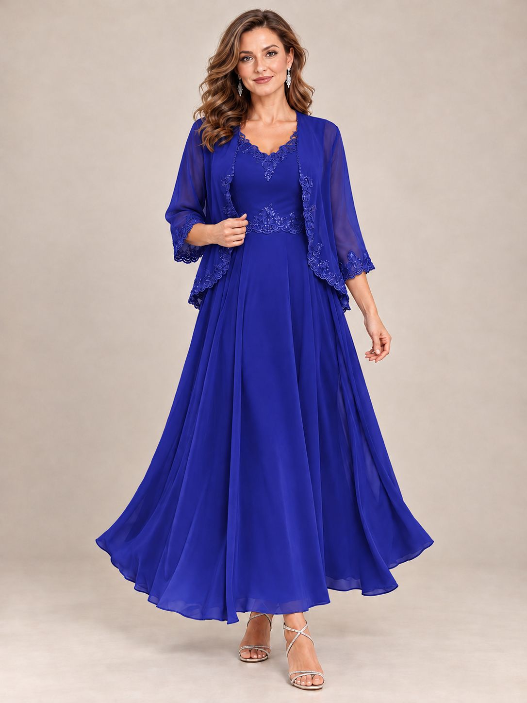 Dusty Blue Floral Lace Chiffon Mother of the Bride Dress with Jacket