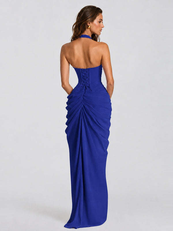 Ruched Halter Neck High-Slit Prom & Evening Dress