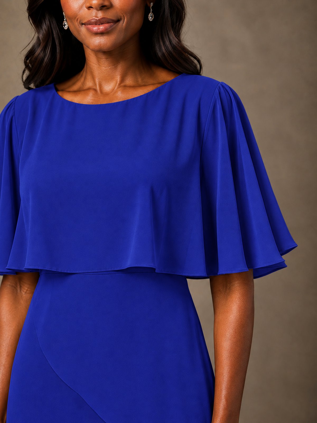 Taupe Chiffon A-Line Mother of the Bride Dress with Cape Sleeves