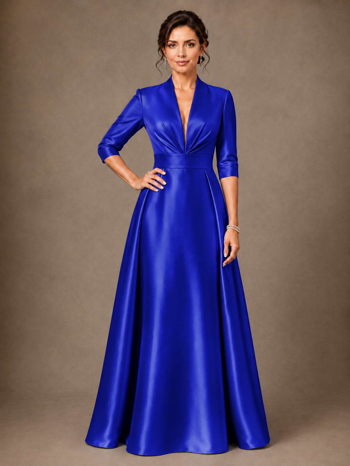 V-Neck Pleated Satin Mother of the Bride Gown with 3/4 Sleeves