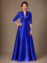 V-Neck Pleated Satin Mother of the Bride Gown with 3/4 Sleeves