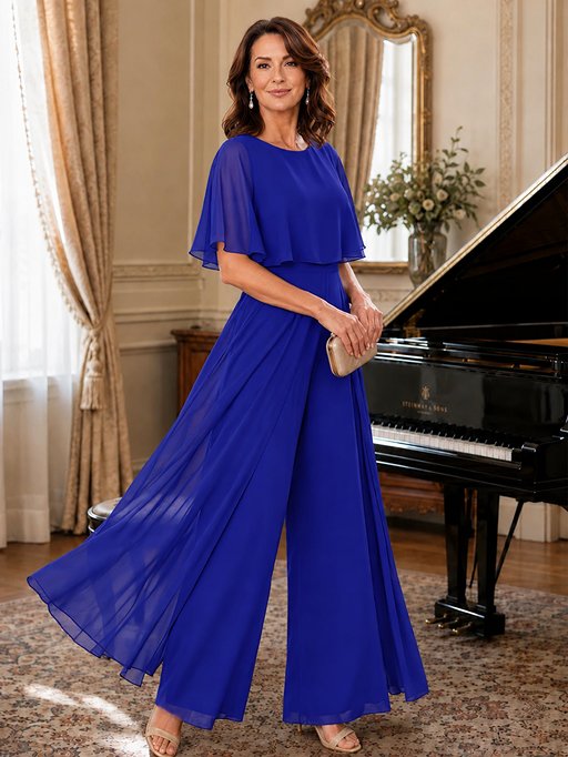 Chiffon Mother of the Bride Jumpsuit with Layered Cape Sleeves