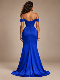 Burgundy Off-the-Shoulder Satin Corset Prom Dress with Slit