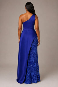 One-Shoulder Mother of the Bride Dress with Sequin Skirt and Peplum