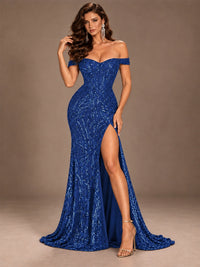 Off the Shoulder Corset Sequin Mermaid Prom Dress with Slit