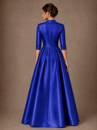 V-Neck Pleated Satin Mother of the Bride Gown with 3/4 Sleeves