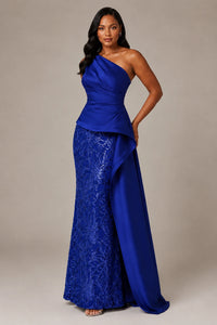 One-Shoulder Mother of the Bride Dress with Sequin Skirt and Peplum