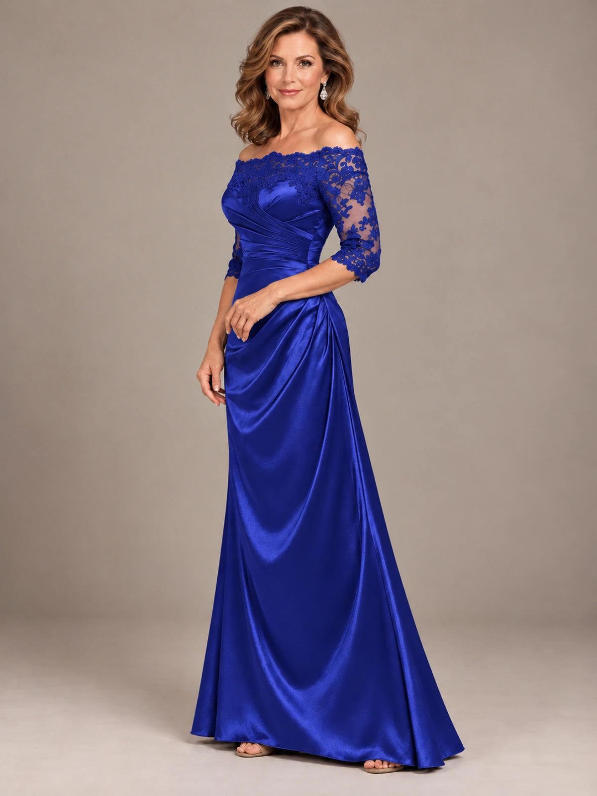 Satin Mother of the Bride Dress with Lace Sleeves Off Shoulder Formal Gown