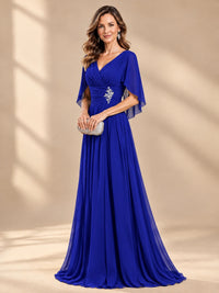 Ruched V Neck Mother of The Bride Dresses with Shawls Appliques and Cap Sleeves