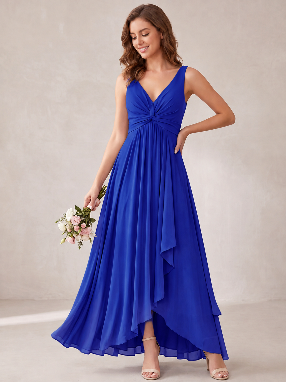 V-Neck High-Low Chiffon Bridesmaid Dress with Ruffles